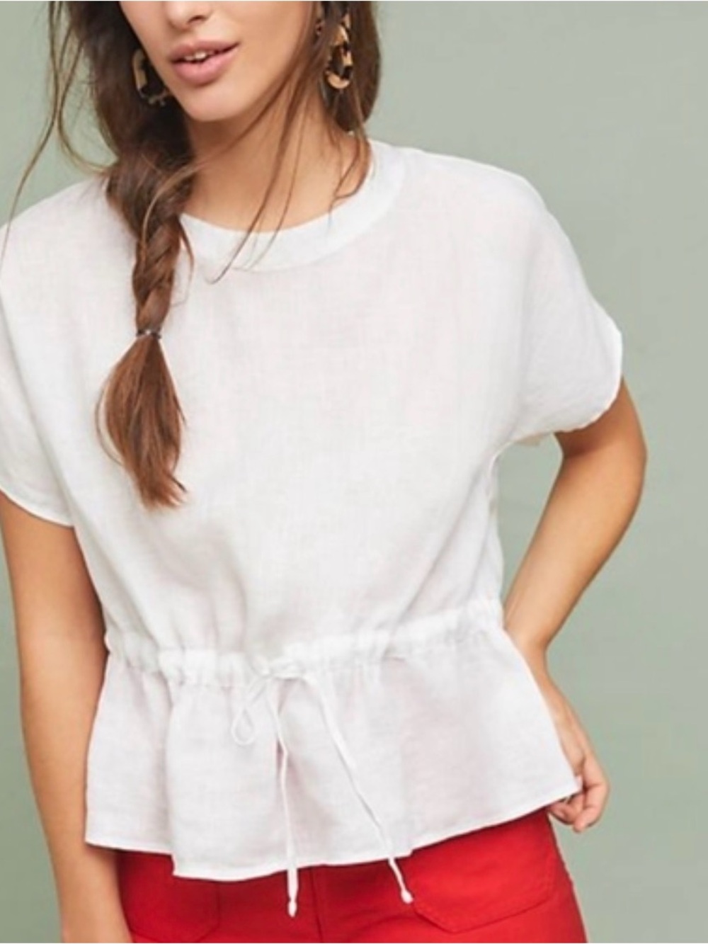 Anthropologie Cloth & Stone 100% Linen Drawstring Waist Peplum Top